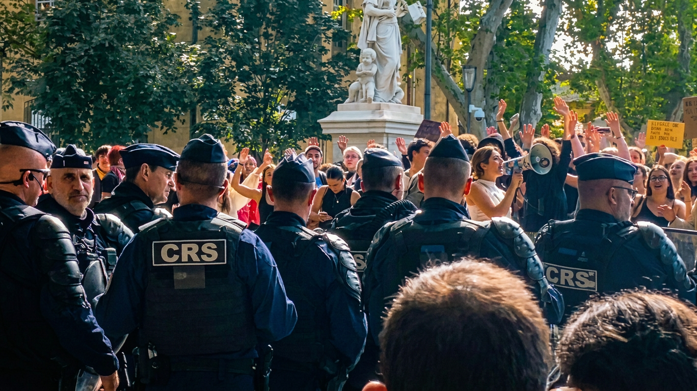 Polis memurları, bir protestoda kalabalığı izliyor. Arkada bir heykel ve ellerini kaldırmış insanlar görünmekte.